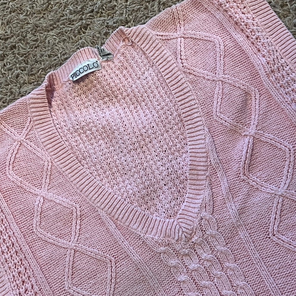 Piccolo Vintage Pink Cable Knit Sweater Vest V-Neck Ramie Cotton‎ Blend Medium